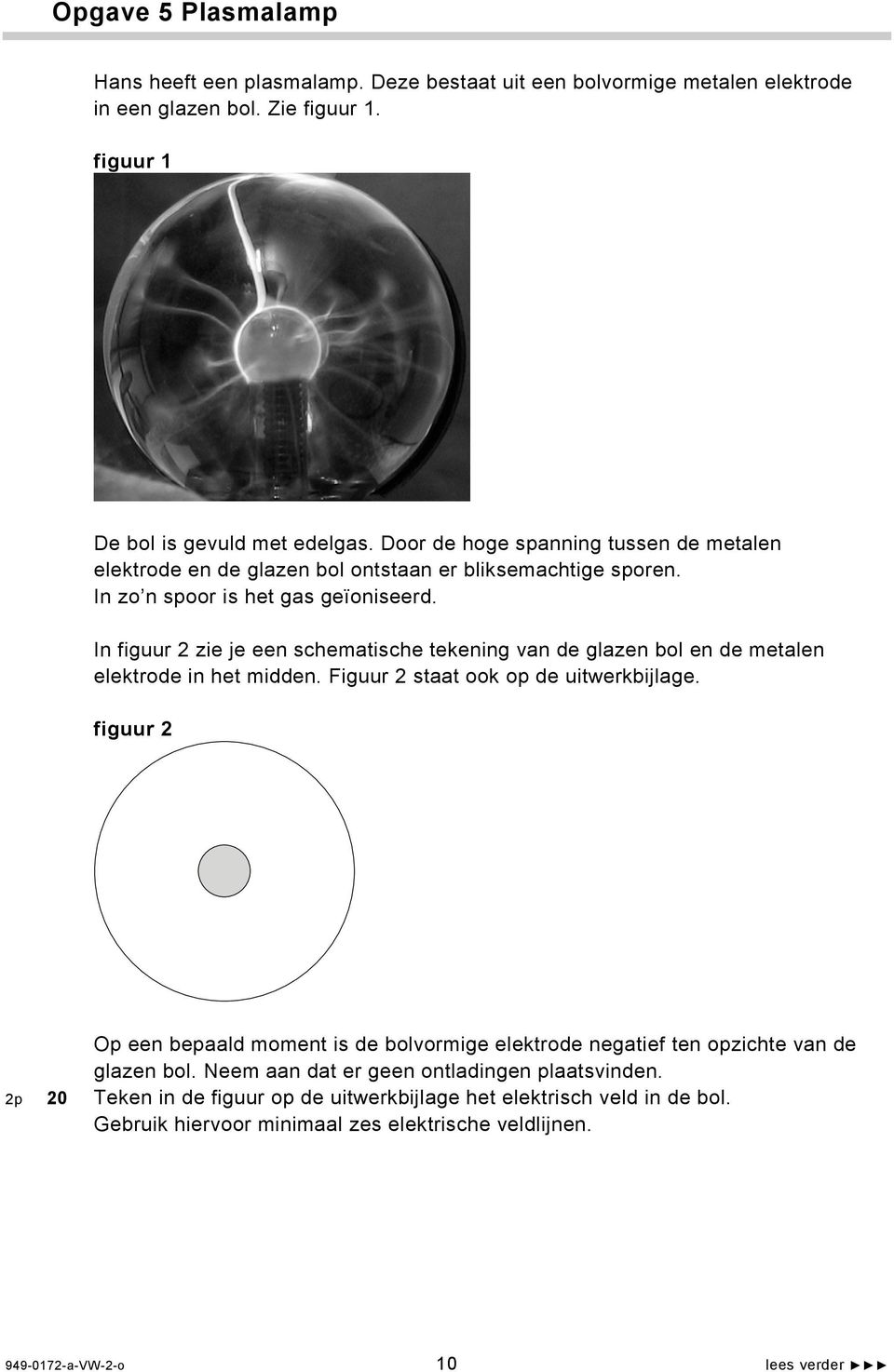 In figuur zie je een schematische tekening van de glazen bol en de metalen elektrode in het midden. Figuur staat ook op de uitwerkbijlage.