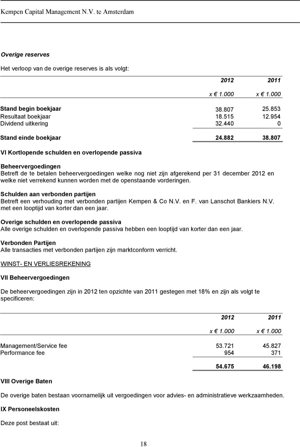 807 VI Kortlopende schulden en overlopende passiva Beheervergoedingen Betreft de te betalen beheervergoedingen welke nog niet zijn afgerekend per 31 december 2012 en welke niet verrekend kunnen