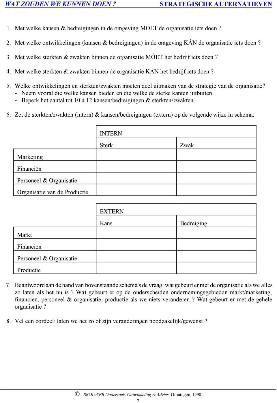 Met welke sterkten & zwakten binnen de organisatie KÁN het bedr f iets doen? 5. Welke ontwikkelingen en sterkten/zwakten moeten deel uitmaken van de strategie van de organisatie?