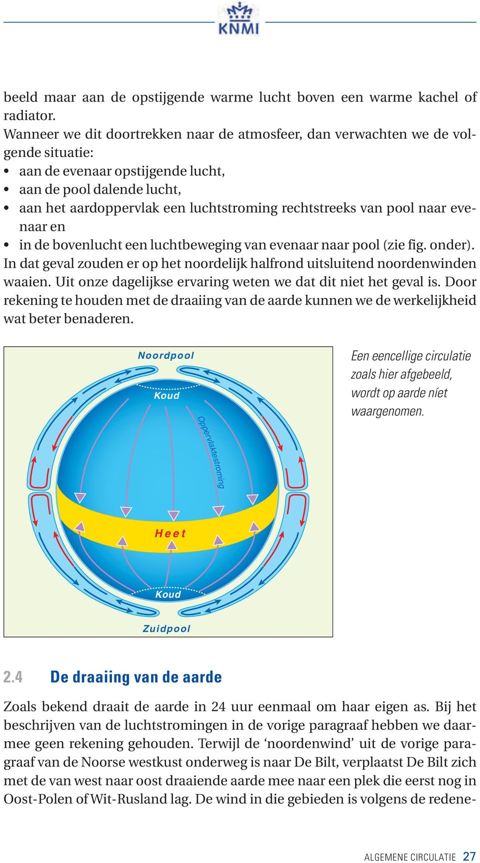 van pool naar evenaar en in de bovenlucht een luchtbeweging van evenaar naar pool (zie fig. onder). In dat geval zouden er op het noordelijk halfrond uitsluitend noordenwinden waaien.