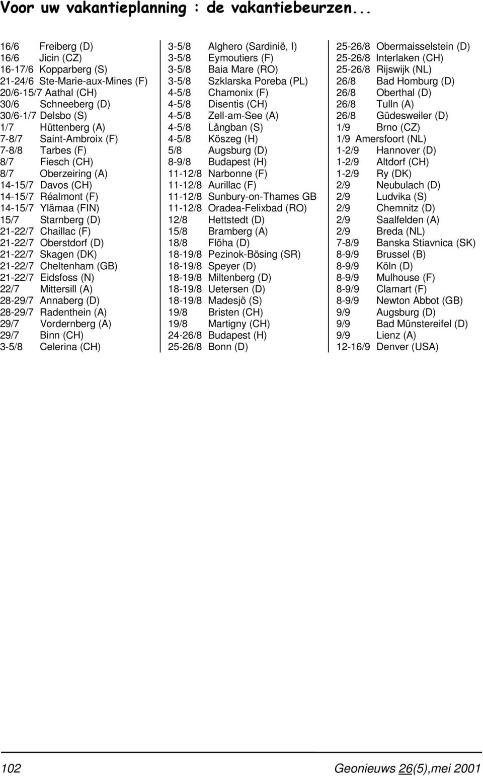 7-8/8 Tarbes (F) 8/7 Fiesch (CH) 8/7 Oberzeiring (A) 14-15/7 Davos (CH) 14-15/7 Réalmont (F) 14-15/7 Ylämaa (FIN) 15/7 Starnberg (D) 21-22/7 Chaillac (F) 21-22/7 Oberstdorf (D) 21-22/7 Skagen (DK)