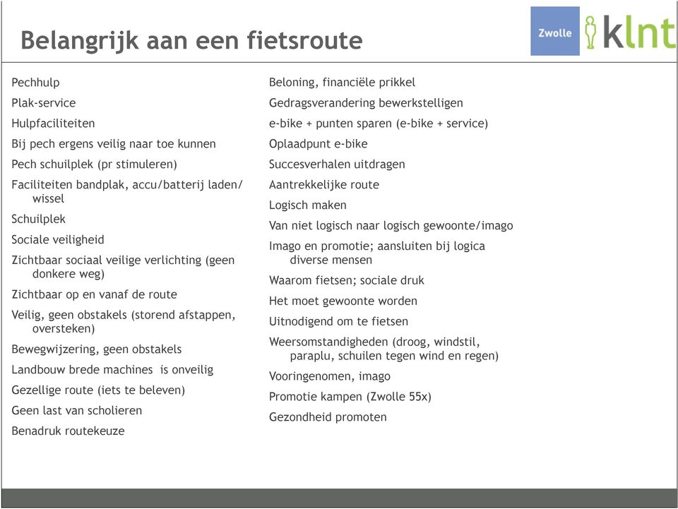 obstakels Landbouw brede machines is onveilig Gezellige route (iets te beleven) Geen last van scholieren Benadruk routekeuze Beloning, financiële prikkel Gedragsverandering bewerkstelligen e-bike +