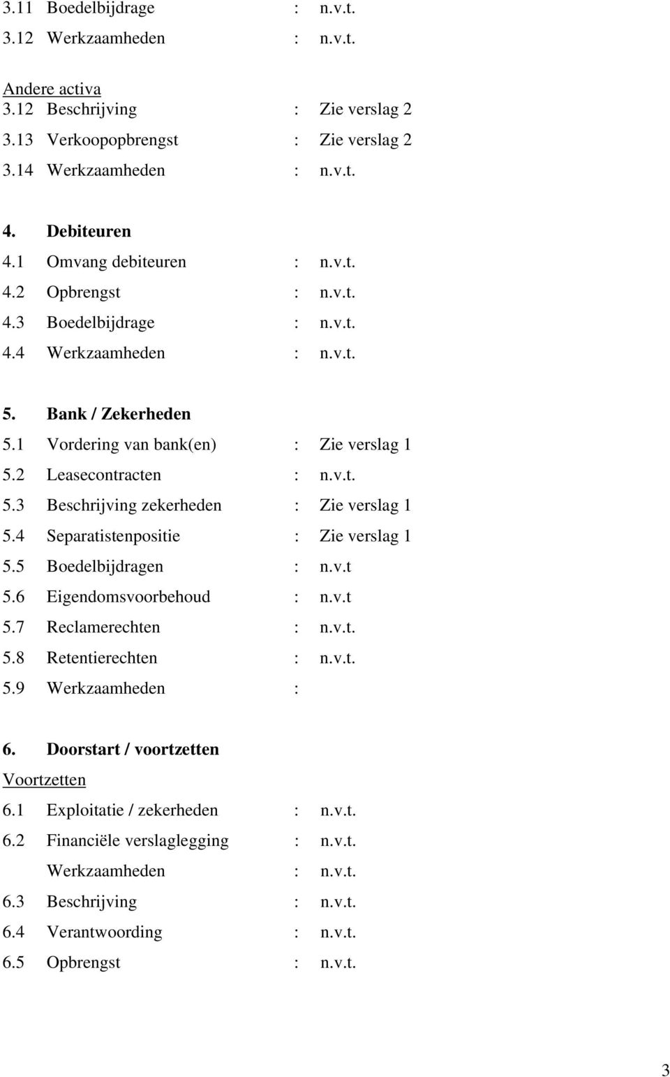 4 Separatistenpositie : Zie verslag 1 5.5 Boedelbijdragen : n.v.t 5.6 Eigendomsvoorbehoud : n.v.t 5.7 Reclamerechten : n.v.t. 5.8 Retentierechten : n.v.t. 5.9 Werkzaamheden : 6.