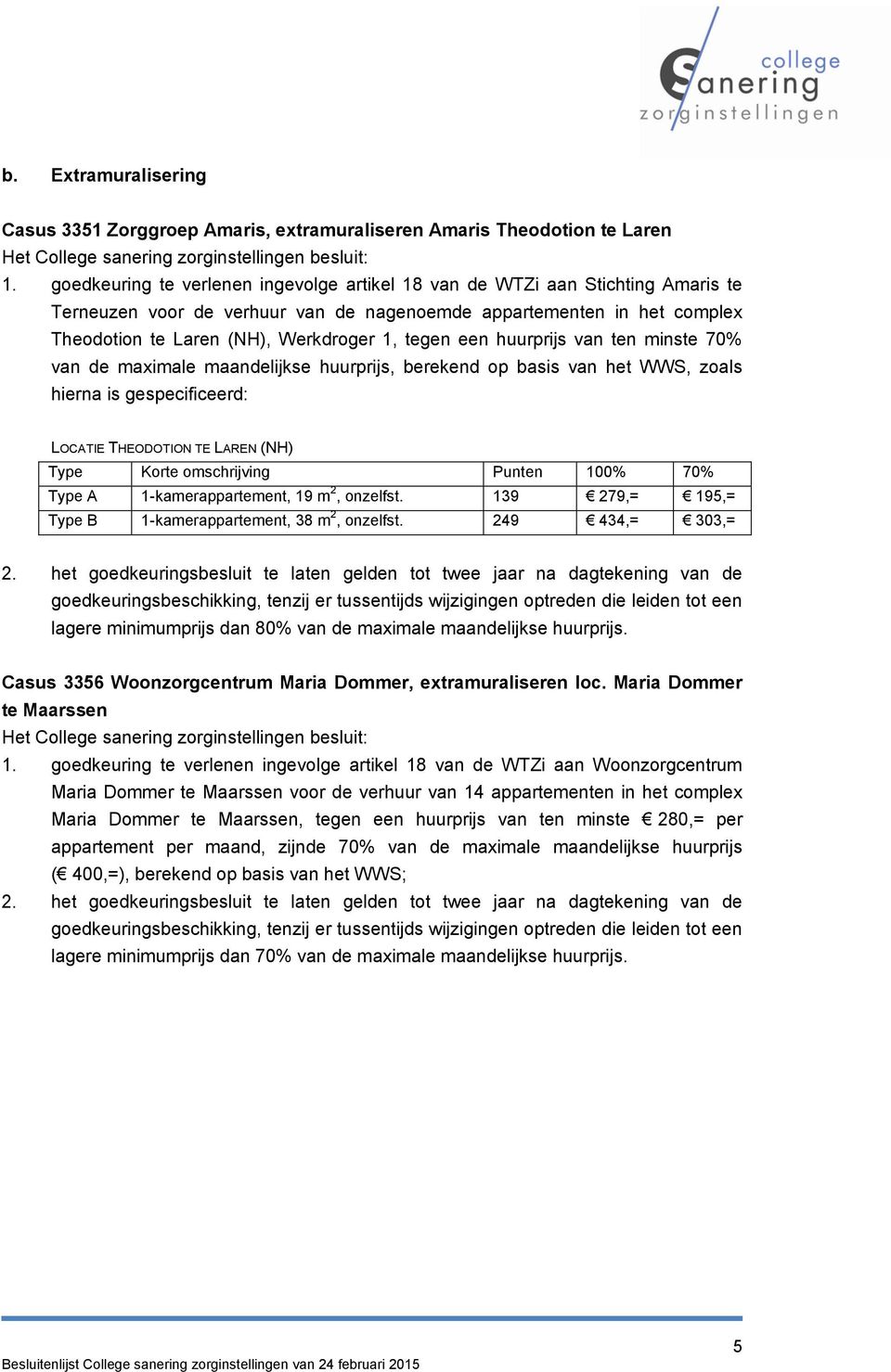 een huurprijs van ten minste 70% van de maximale maandelijkse huurprijs, berekend op basis van het WWS, zoals hierna is gespecificeerd: LOCATIE THEODOTION TE LAREN (NH) Type Korte omschrijving Punten