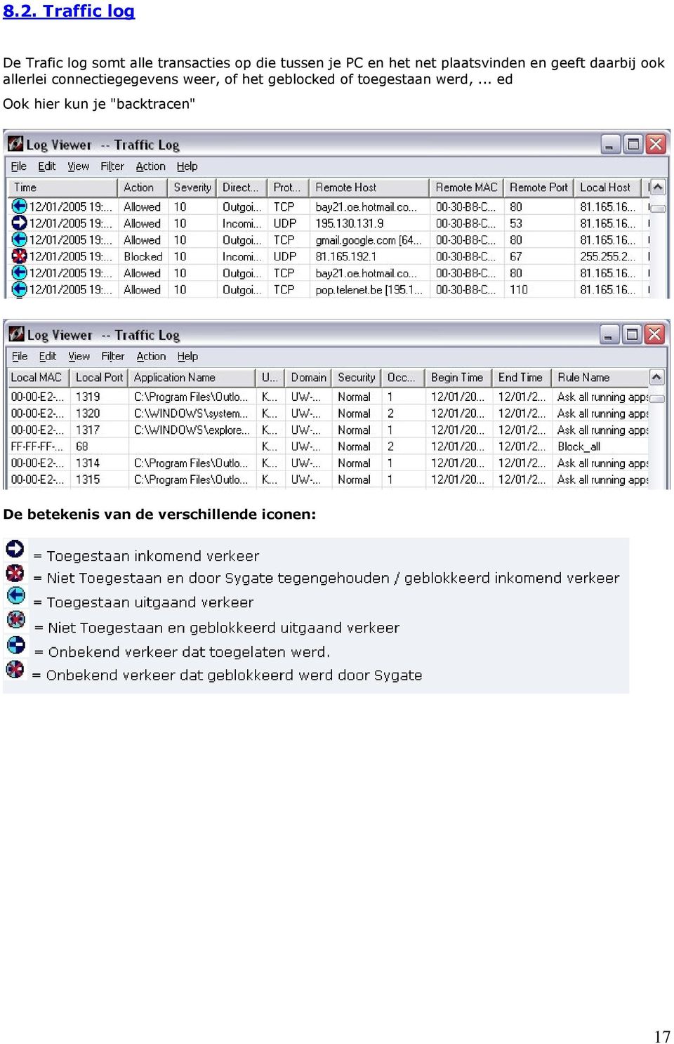 connectiegegevens weer, of het geblocked of toegestaan werd,.