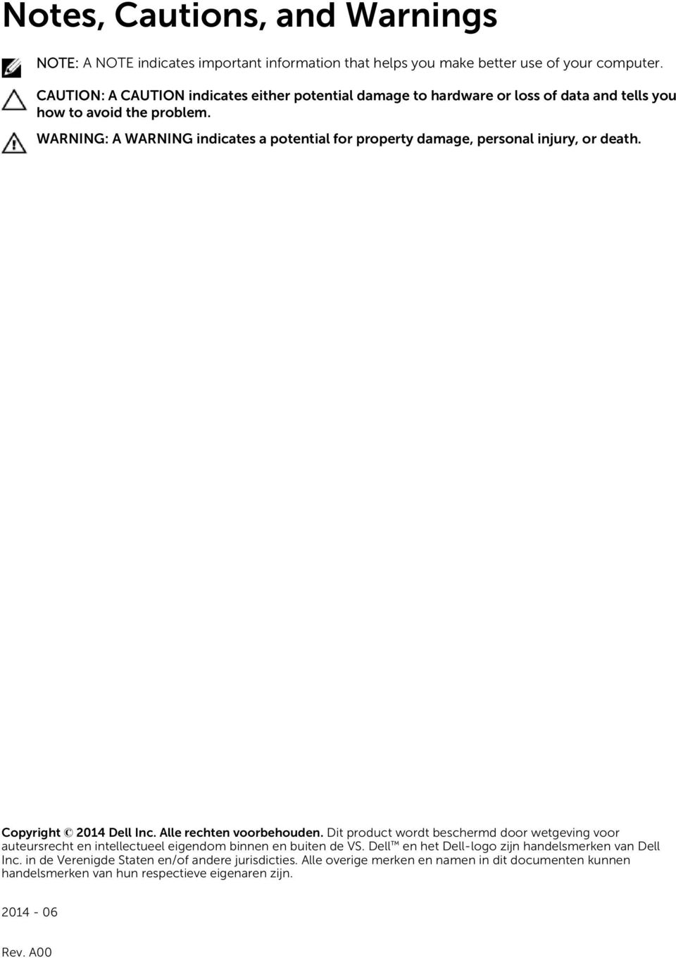 WARNING: A WARNING indicates a potential for property damage, personal injury, or death. Copyright 2014 Dell Inc. Alle rechten voorbehouden.