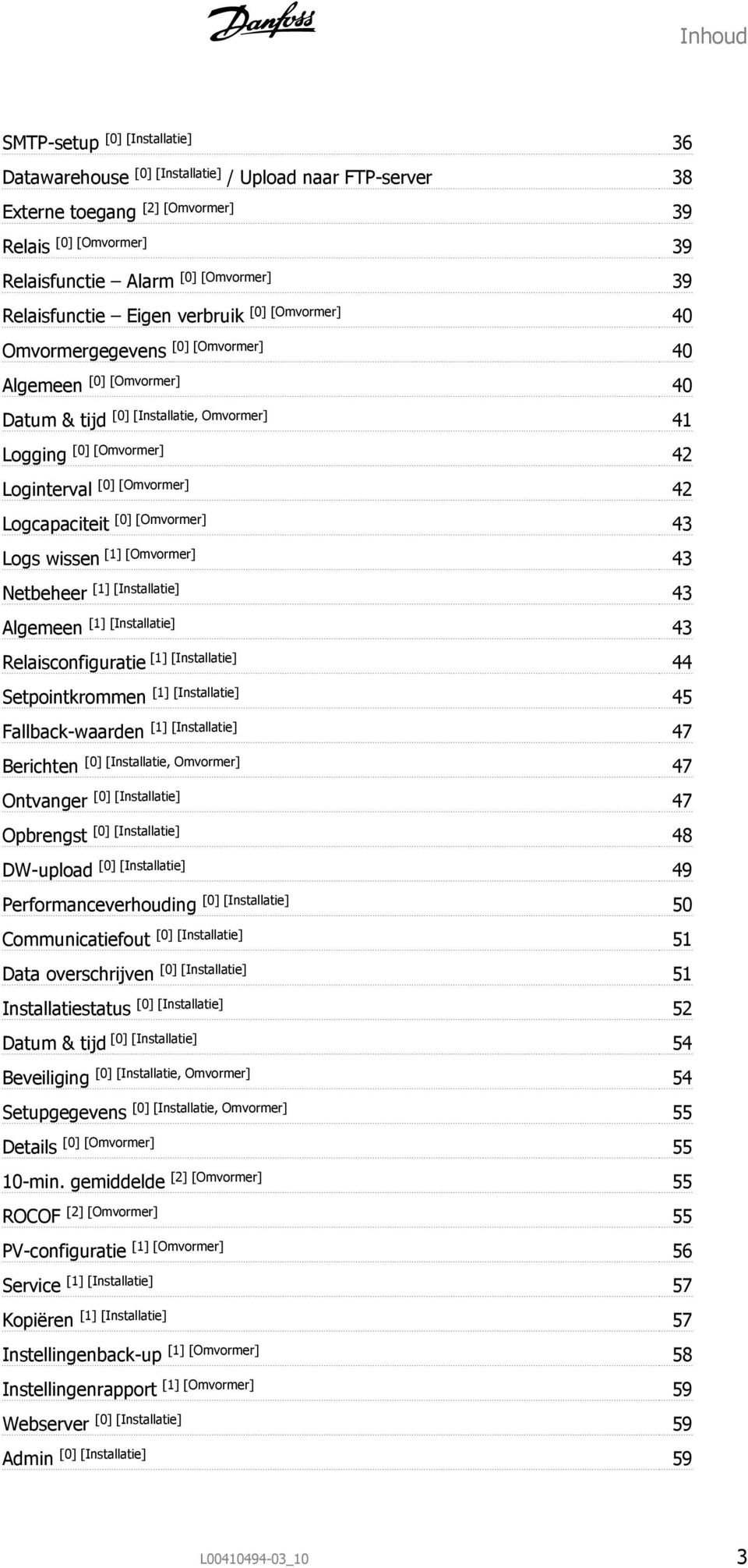 [Omvormer] 42 Logcapaciteit [0] [Omvormer] 43 Logs wissen [1] [Omvormer] 43 Netbeheer [1] [Installatie] 43 Algemeen [1] [Installatie] 43 Relaisconfiguratie [1] [Installatie] 44 Setpointkrommen [1]