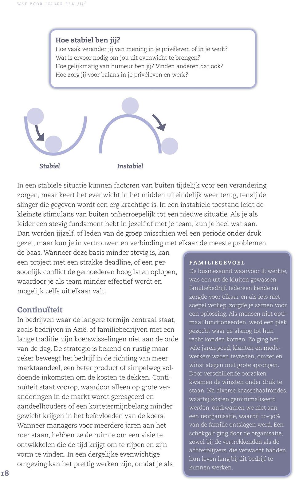 Stabiel Instabiel 18 In een stabiele situatie kunnen factoren van buiten tijdelijk voor een verandering zorgen, maar keert het evenwicht in het midden uiteindelijk weer terug, tenzij de slinger die