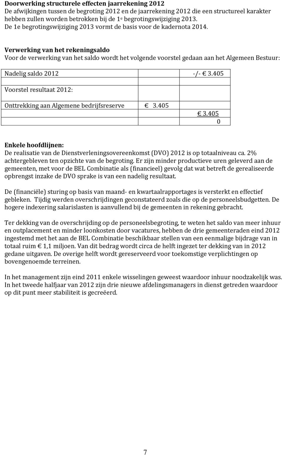 Verwerking van het rekeningsaldo Voor de verwerking van het saldo wordt het volgende voorstel gedaan aan het Algemeen Bestuur: Nadelig saldo 2012 -/- 3.