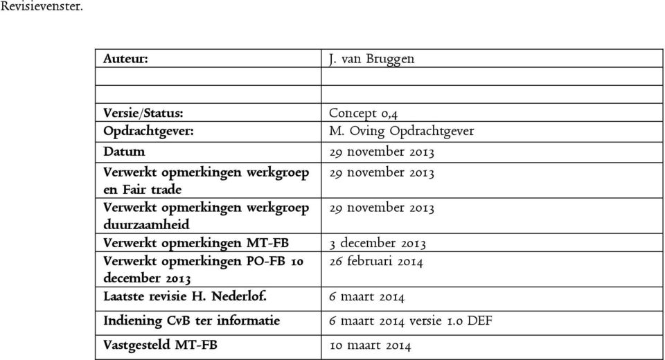 opmerkingen werkgroep 29 november 2013 duurzaamheid Verwerkt opmerkingen MT-FB 3 december 2013 Verwerkt opmerkingen