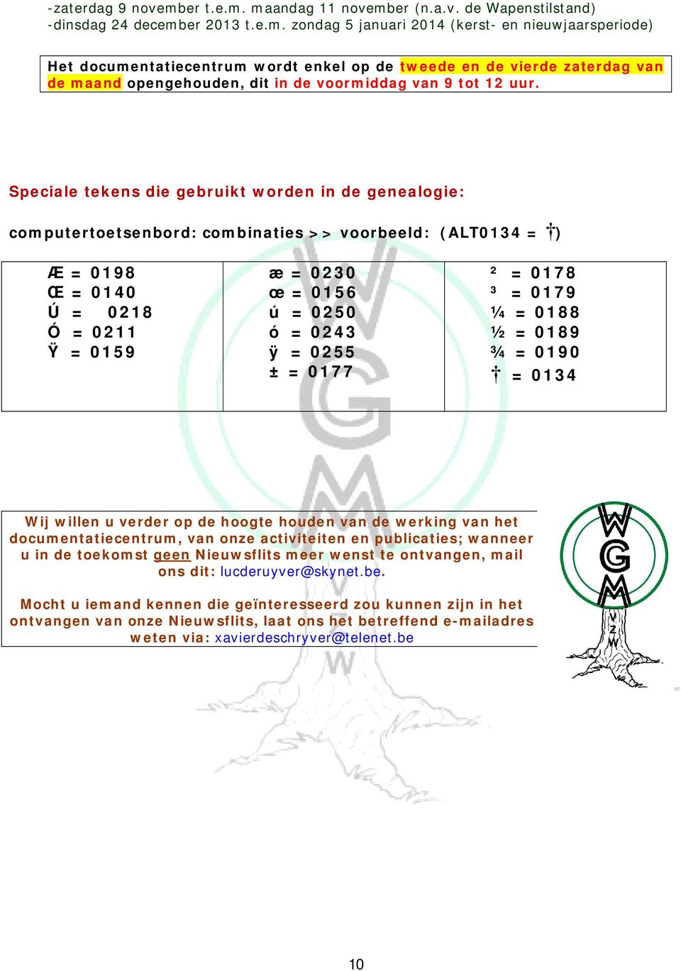 Speciale tekens die gebruikt worden in de genealogie: computertoetsenbord: combinaties >> voorbeeld: (ALT0134 = ) Æ = 0198 Œ = 0140 Ú = 0218 Ó = 0211 Ÿ = 0159 æ = 0230 œ = 0156 ú = 0250 ó = 0243 ÿ =