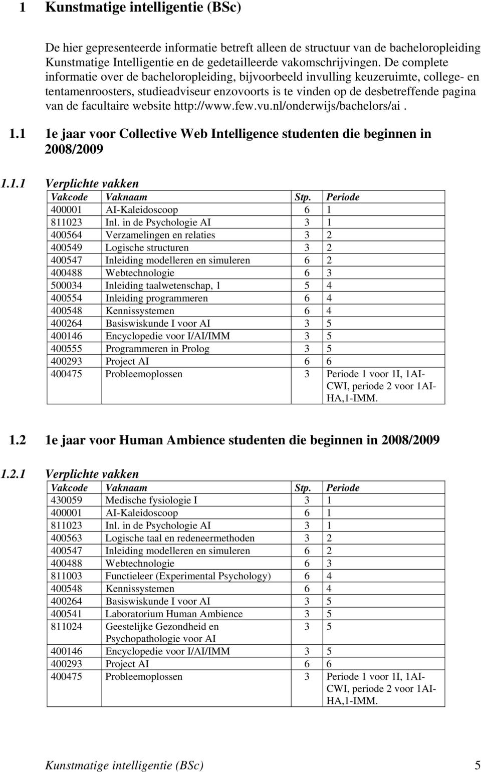 facultaire website http://www.few.vu.nl/onderwijs/bachelors/ai. 1.1 1e jaar voor Collective Web Intelligence studenten die beginnen in 2008/2009 1.1.1 Verplichte vakken Vakcode Vaknaam Stp.