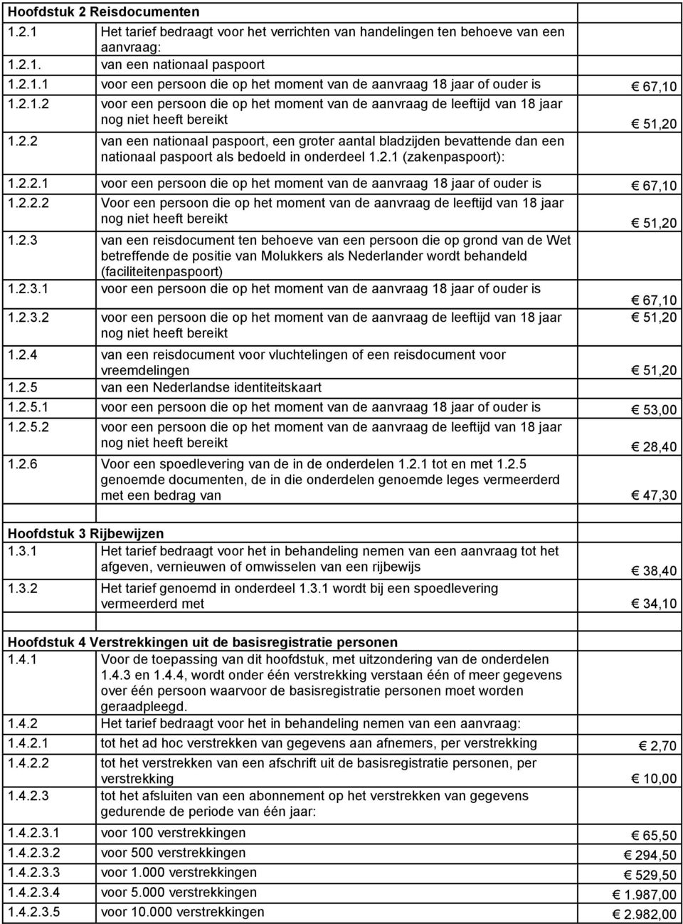2.1 (zakenpaspoort): 1.2.2.1 voor een persoon die op het moment van de aanvraag 18 jaar of ouder is 67,10 1.2.2.2 Voor een persoon die op het moment van de aanvraag de leeftijd van 18 jaar nog niet heeft bereikt 51,20 1.