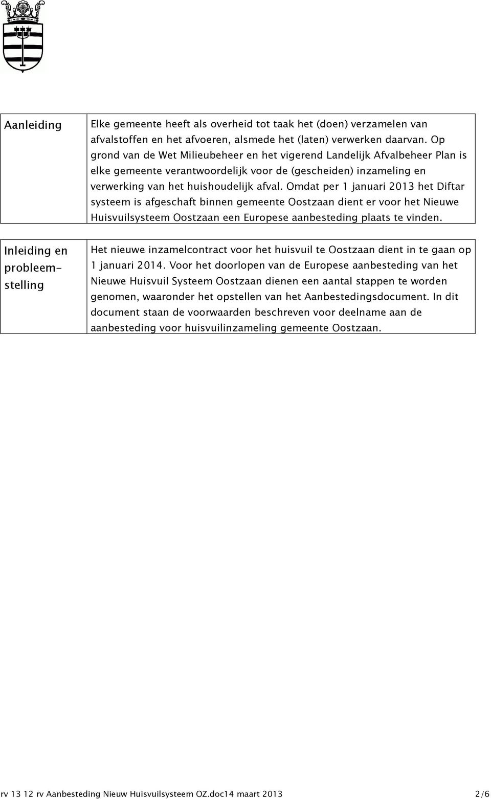 Omdat per 1 januari 2013 het Diftar systeem is afgeschaft binnen gemeente Oostzaan dient er voor het Nieuwe Huisvuilsysteem Oostzaan een Europese aanbesteding plaats te vinden.