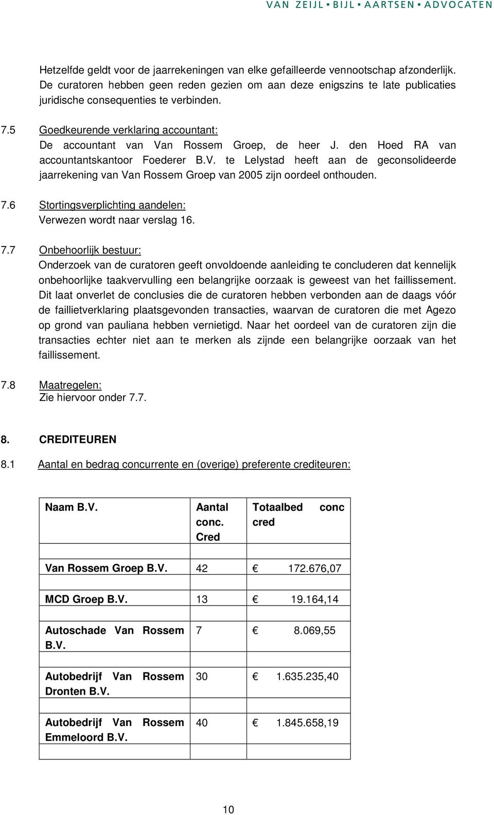 5 Goedkeurende verklaring accountant: De accountant van Van Rossem Groep, de heer J. den Hoed RA van accountantskantoor Foederer B.V. te Lelystad heeft aan de geconsolideerde jaarrekening van Van Rossem Groep van 2005 zijn oordeel onthouden.