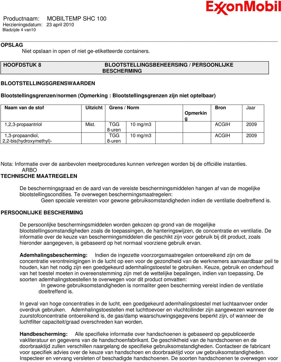 Uitzicht Grens / Norm Bron Jaar Opmerkin g 1,2,3-propaantriol Mist.