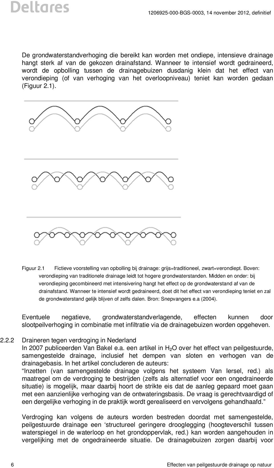 (Figuur 2.1). Figuur 2.1 Fictieve voorstelling van opbolling bij drainage: grijs=traditioneel, zwart=verondiept. Boven: verondieping van traditionele drainage leidt tot hogere grondwaterstanden.