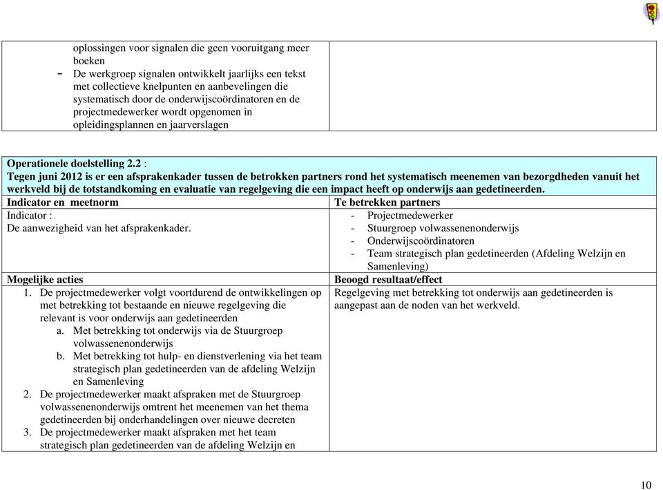 2 : Tegen juni 2012 is er een afsprakenkader tussen de betrokken partners rond het systematisch meenemen van bezorgdheden vanuit het werkveld bij de totstandkoming en evaluatie van regelgeving die