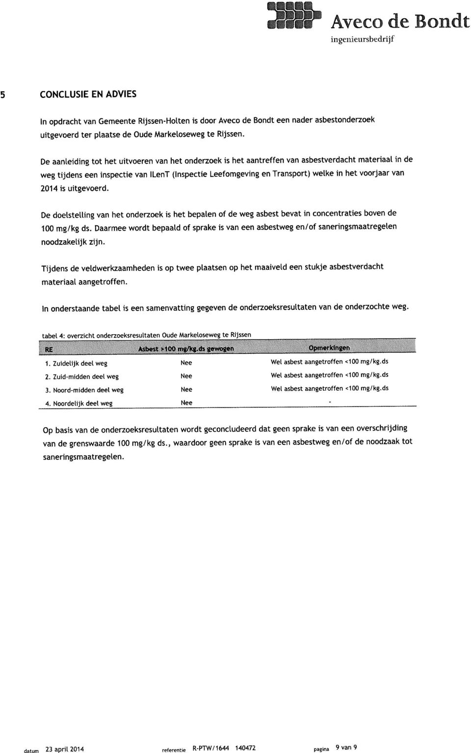 van 2014 is uitgevoerd. De doelstelling van het onderzoek is het bepalen of de weg asbest bevat in concentraties boven de 100 mg/kg ds.