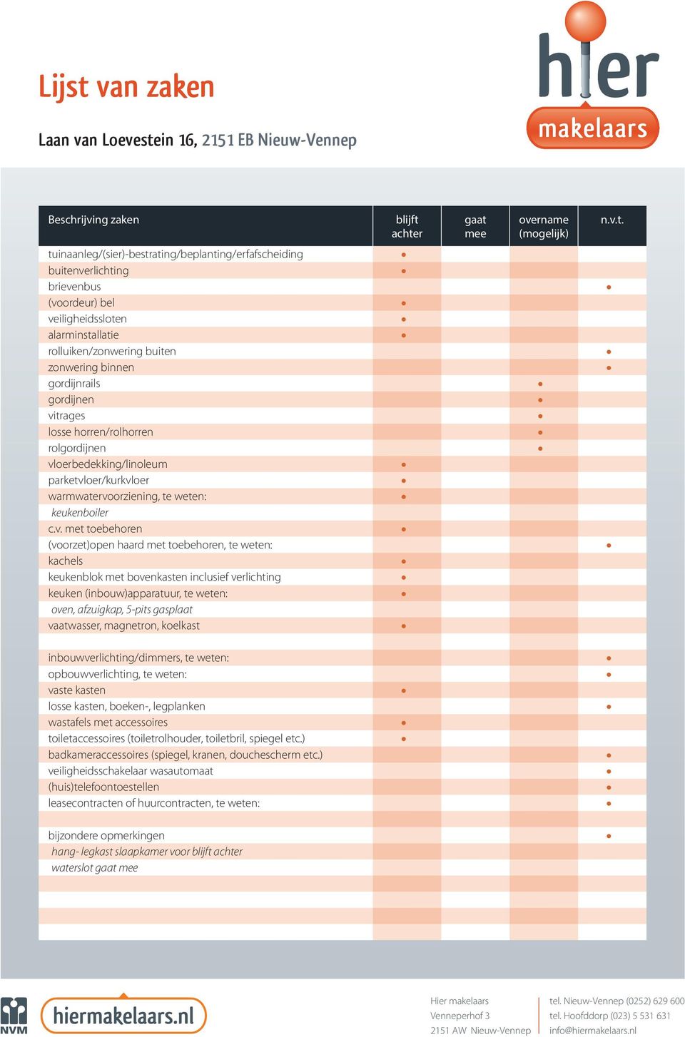 achter gaat mee overname (mogelijk) n.v.t. tuinaanleg/(sier)-bestrating/beplanting/erfafscheiding buitenverlichting brievenbus (voordeur) bel veiligheidssloten alarminstallatie rolluiken/zonwering