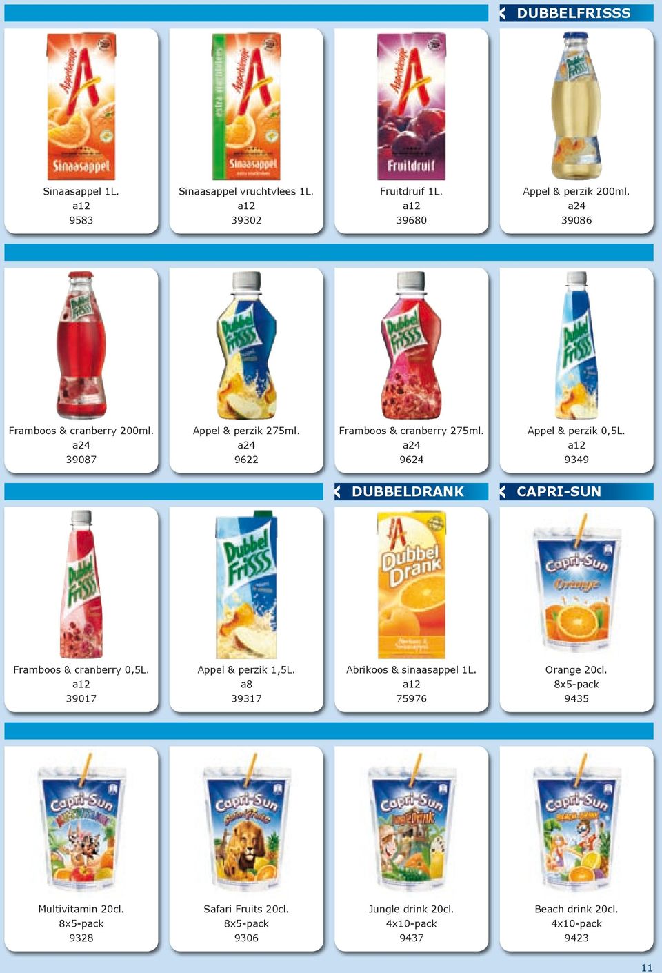 9349 DUBBELDRANK CAPRI-SUN Framboos & cranberry 0,5L. 39017 Appel & perzik 1,5L. a8 39317 Abrikoos & sinaasappel 1L.