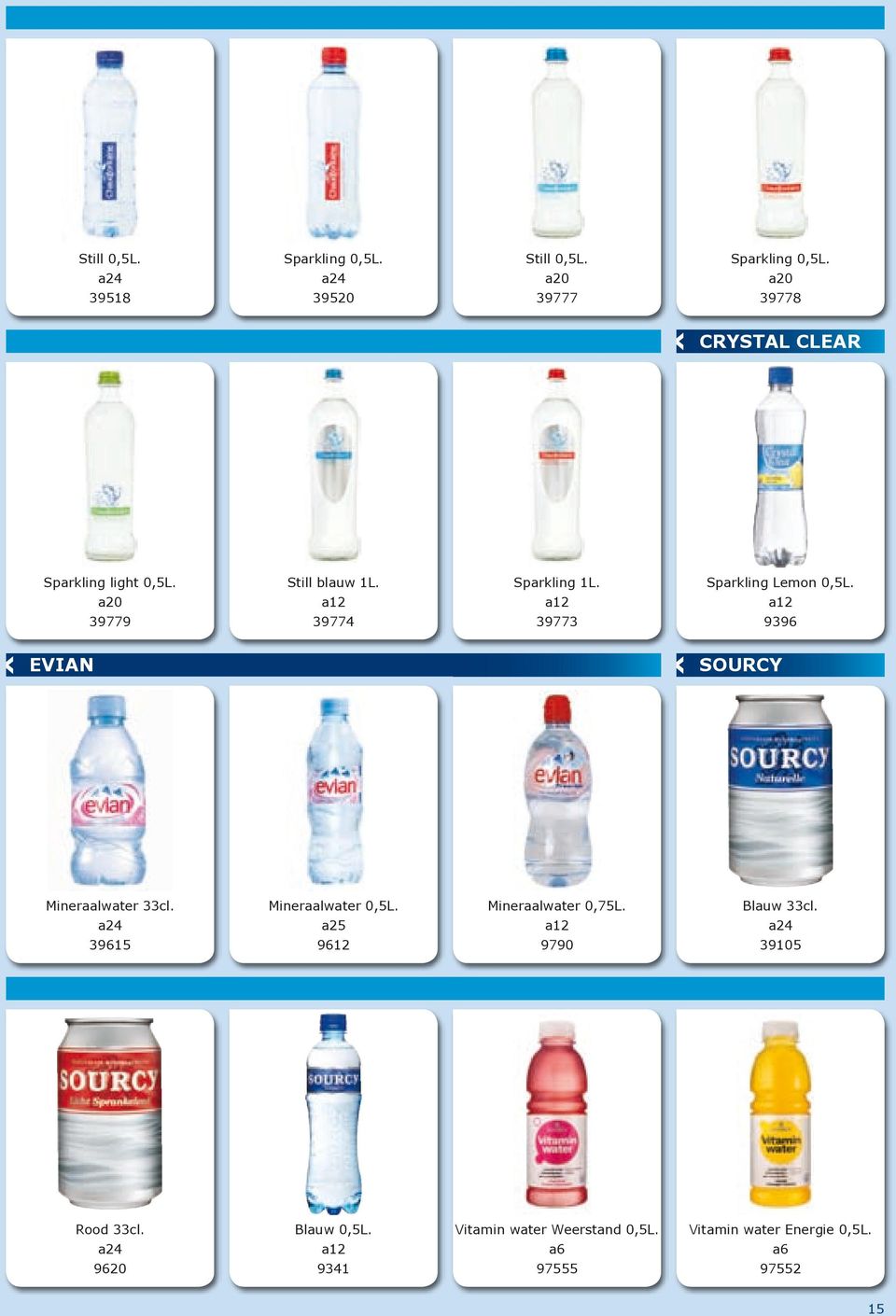 39773 Sparkling Lemon 0,5L. 9396 EVIAN SOURCY Mineraalwater 33cl. 39615 Mineraalwater 0,5L.