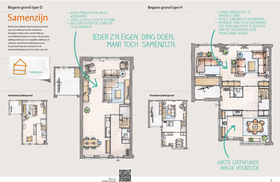 Begane grond type H Door uitbouw extra grote woonkamer Gezellig bijkletsen op de bank Nog even achter de computer op de werkplek Ieder z n eigen ding doen, maar toch samenzijn.