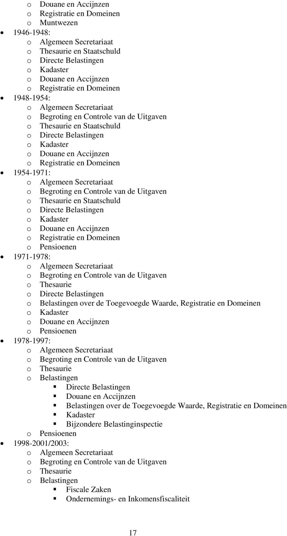 1954-1971: o Algemeen Secretariaat o Begroting en Controle van de Uitgaven o Thesaurie en Staatschuld o Directe Belastingen o Kadaster o Douane en Accijnzen o Registratie en Domeinen o Pensioenen