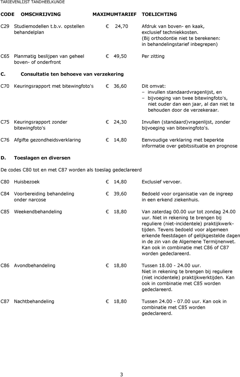 Consultatie ten behoeve van verzekering C70 Keuringsrapport met bitewingfoto's 36,60 Dit omvat: invullen standaardvragenlijst, en bijvoeging van twee bitewingfoto's, niet ouder dan een jaar, al dan