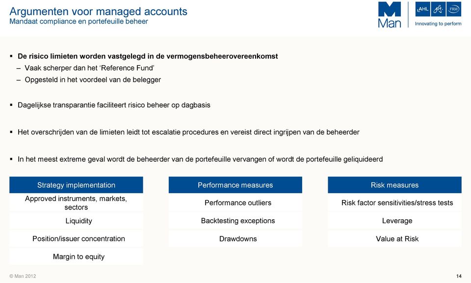 beheerder In het meest extreme geval wordt de beheerder van de portefeuille vervangen of wordt de portefeuille geliquideerd Strategy implementation Approved instruments, markets, sectors Liquidity