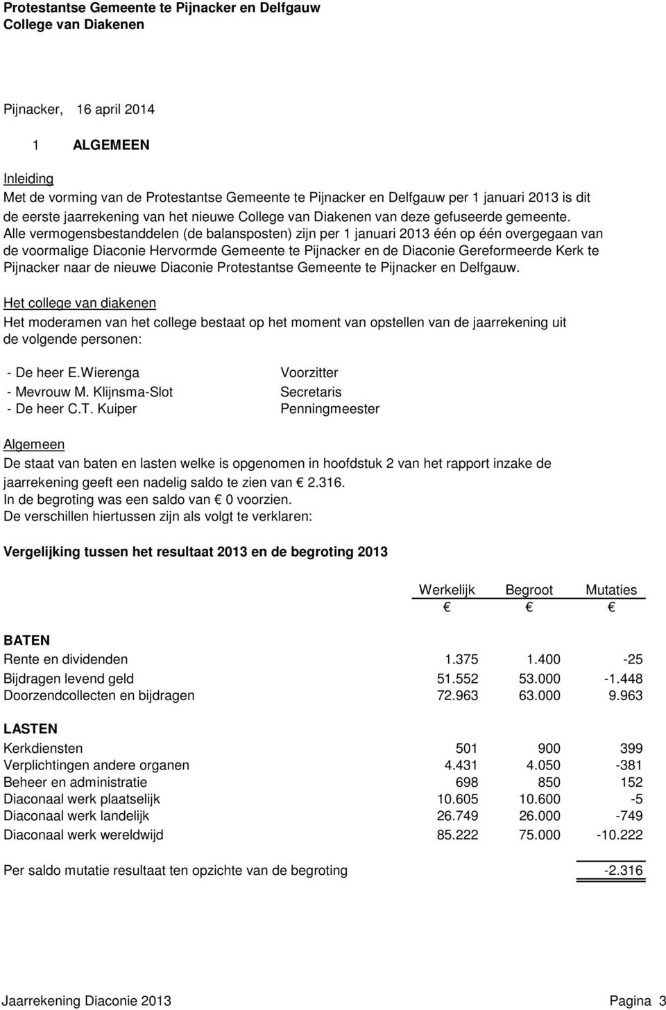 Alle vermogensbestanddelen (de balansposten) zijn per 1 januari 2013 één op één overgegaan van de voormalige Diaconie Hervormde Gemeente te Pijnacker en de Diaconie Gereformeerde Kerk te Pijnacker