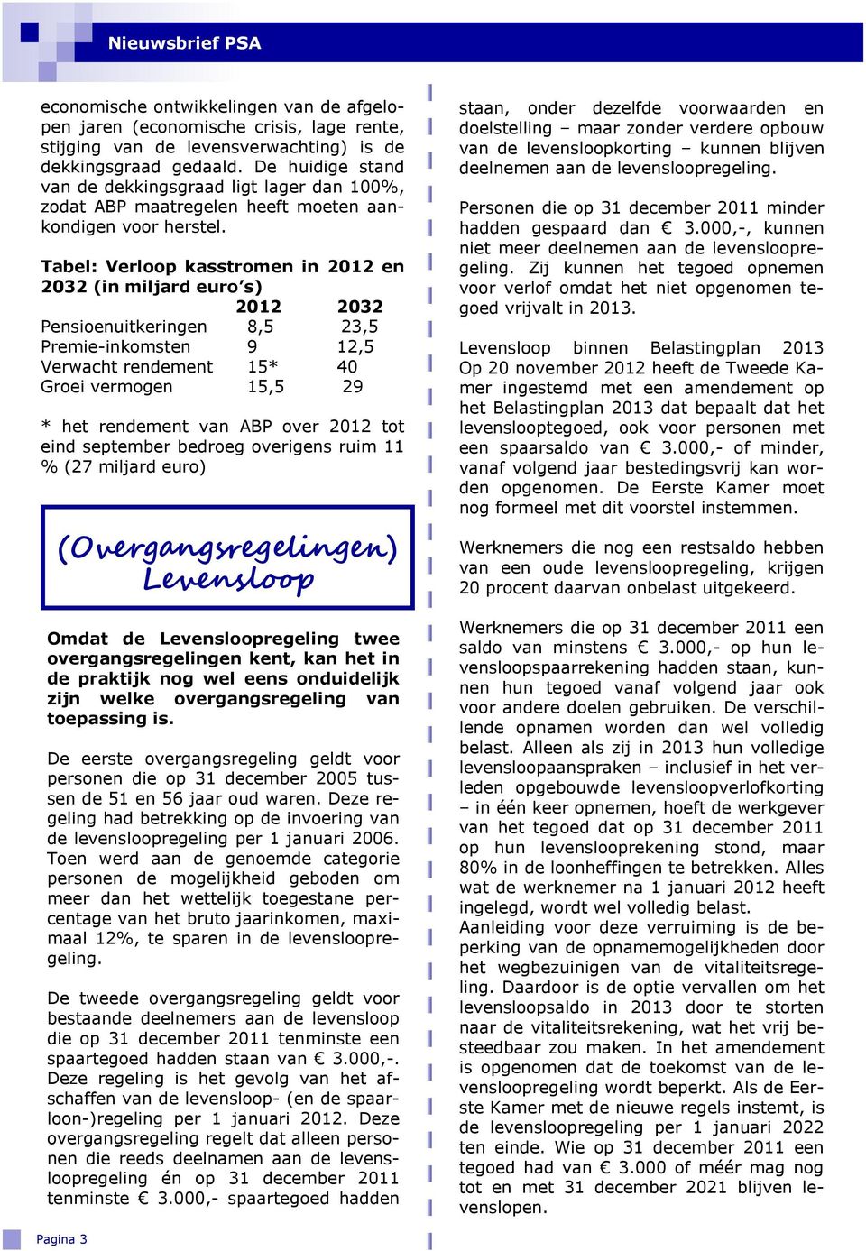 Tabel: Verloop kasstromen in 2012 en 2032 (in miljard euro s) 2012 2032 Pensioenuitkeringen 8,5 23,5 Premie-inkomsten 9 12,5 Verwacht rendement 15* 40 Groei vermogen 15,5 29 * het rendement van ABP