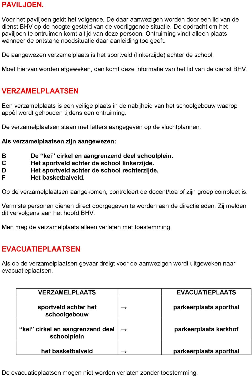 De aangewezen verzamelplaats is het sportveld (linkerzijde) achter de school. Moet hiervan worden afgeweken, dan komt deze informatie van het lid van de dienst BHV.