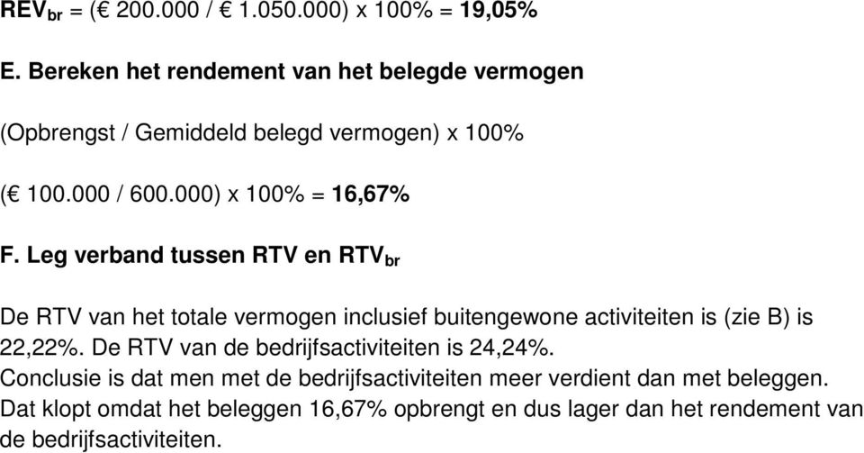 Leg verband tussen RTV en RTV br De RTV van het totale vermogen inclusief buitengewone activiteiten is (zie B) is 22,22%.