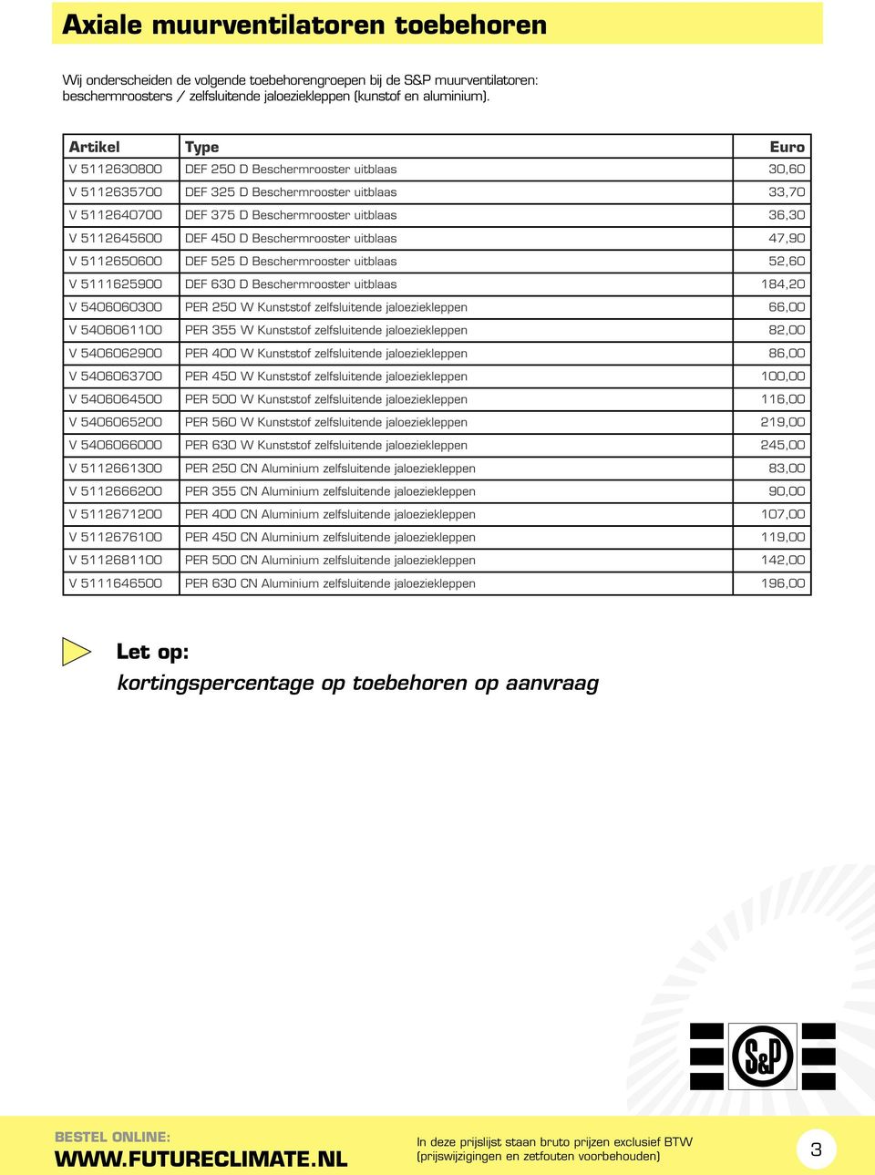 450 D Beschermrooster uitblaas 47,90 V 5112650600 DEF 525 D Beschermrooster uitblaas 52,60 V 5111625900 DEF 630 D Beschermrooster uitblaas 184,20 V 5406060300 PER 250 W Kunststof zelfsluitende