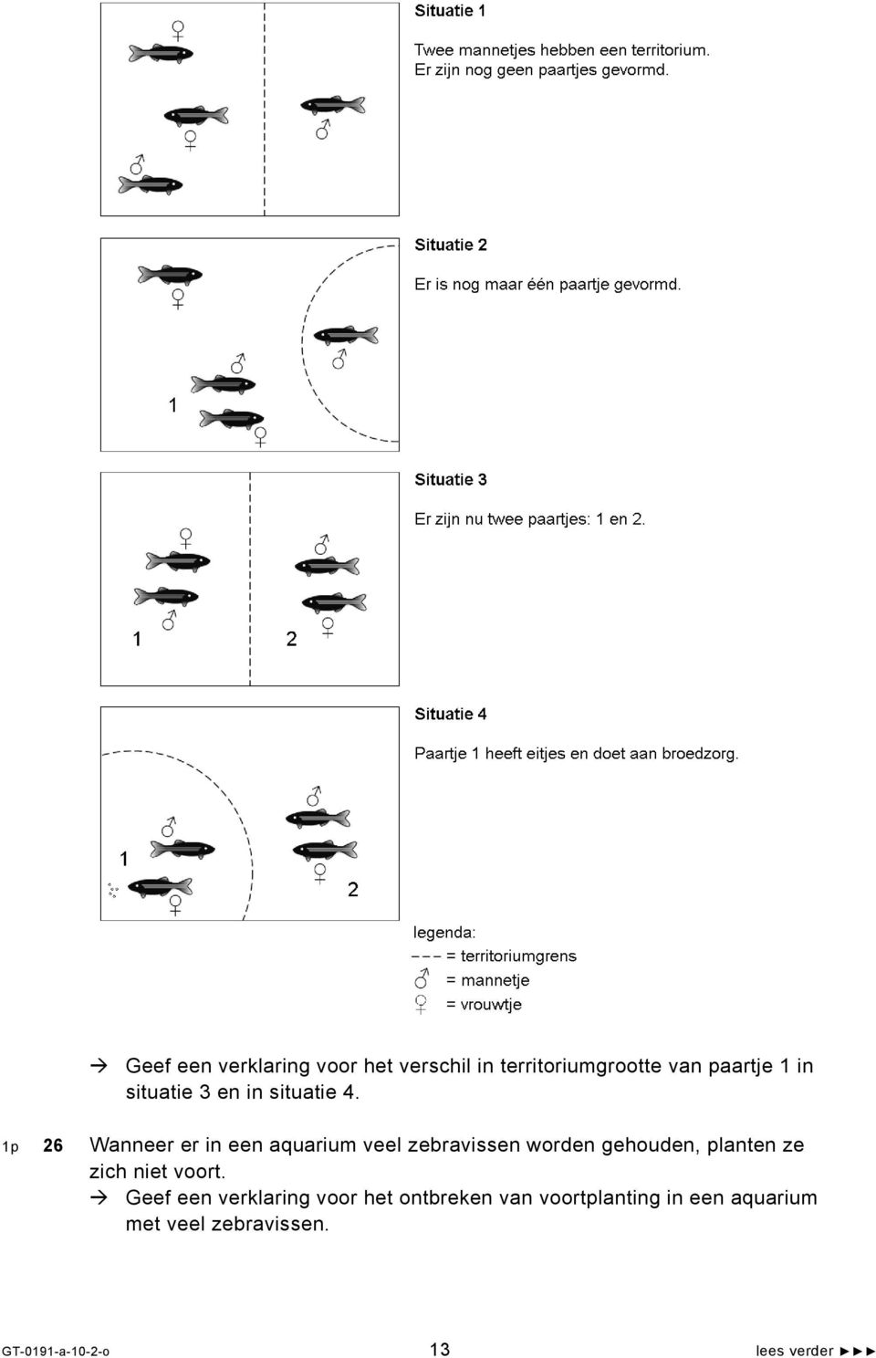 legenda: territoriumgrens mannetje vrouwtje Geef een verklaring voor het verschil in territoriumgrootte van paartje 1 in situatie 3 en in situatie 4.