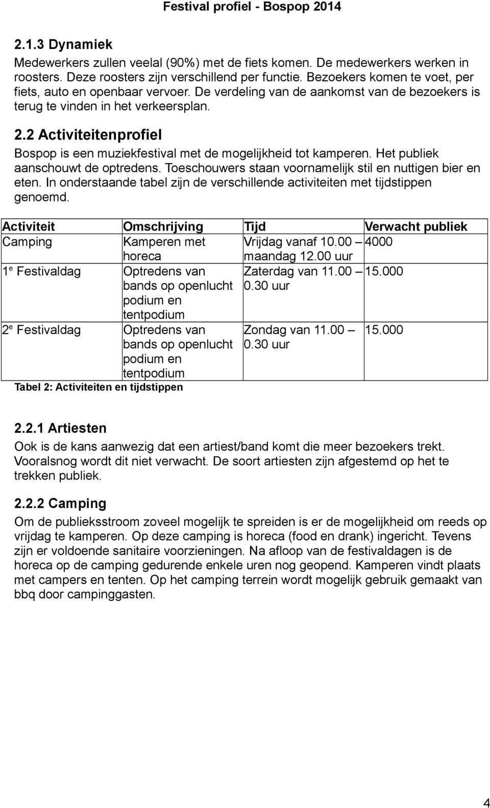 2 Activiteitenprofiel Bospop is een muziekfestival met de mogelijkheid tot kamperen. Het publiek aanschouwt de optredens. Toeschouwers staan voornamelijk stil en nuttigen bier en eten.