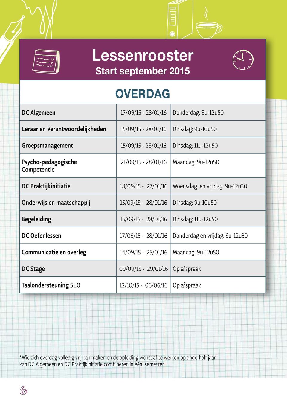 Dinsdag: 9u-10u50 Begeleiding 15/09/15-28/01/16 Dinsdag: 11u-12u50 DC Oefenlessen 17/09/15-28/01/16 Donderdag en vrijdag: 9u-12u30 Communicatie en overleg 14/09/15-25/01/16 Maandag: 9u-12u50 DC Stage