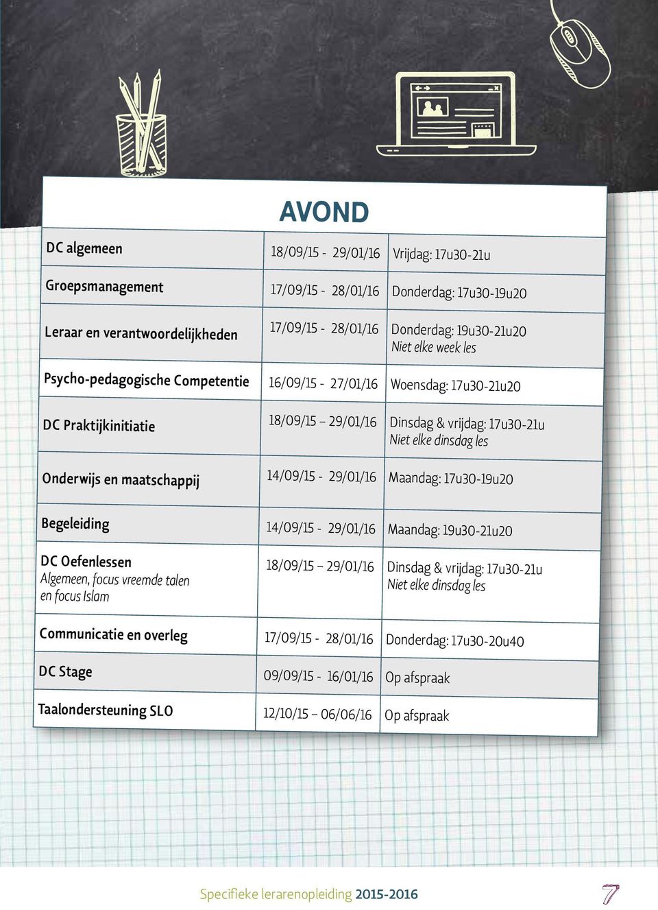 14/09/15-29/01/16 Maandag: 17u30-19u20 Begeleiding 14/09/15-29/01/16 Maandag: 19u30-21u20 DC Oefenlessen Algemeen, focus vreemde talen en focus Islam 18/09/15 29/01/16 Dinsdag & vrijdag: 17u30-21u