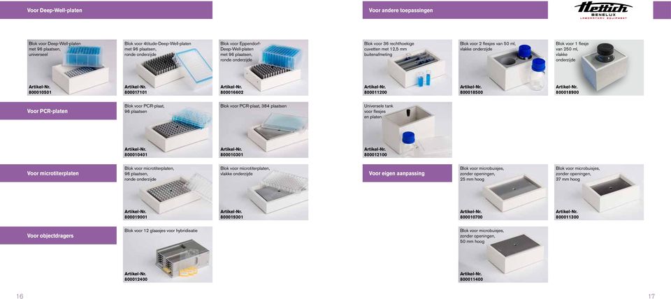 800018500 800018900 Voor PCR-platen Blok voor PCR-plaat, 96 plaatsen Blok voor PCR-plaat, 384 plaatsen Universele tank voor flesjes en platen 800010401 800010301 800012100 Voor microtiterplaten Blok