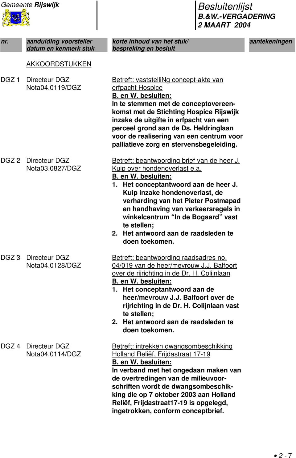 Ds. Heldringlaan voor de realisering van een centrum voor palliatieve zorg en stervensbegeleiding. DGZ 2 Nota03.0827/DGZ Betreft: beantwoording brief van de heer J. Kuip over hondenoverlast e.a. 1.