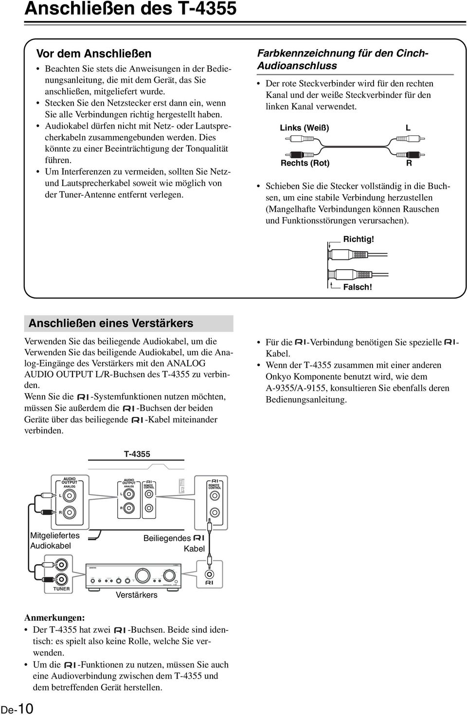 Audiokabel dürfen nicht mit Netz- oder Lautsprecherkabeln zusammengebunden werden. Dies könnte zu einer Beeinträchtigung der Tonqualität führen.