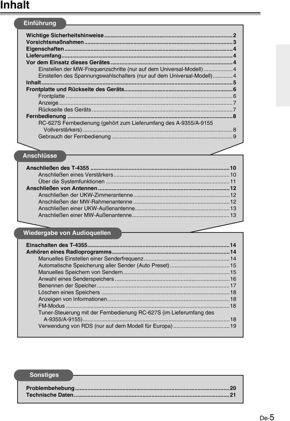 ..6 Frontplatte...6 Anzeige...7 Rückseite des Geräts...7 Fernbedienung...8 RC-627S Fernbedienung (gehört zum Lieferumfang des A-9355/A-9155 Vollverstärkers)...8 Gebrauch der Fernbedienung.