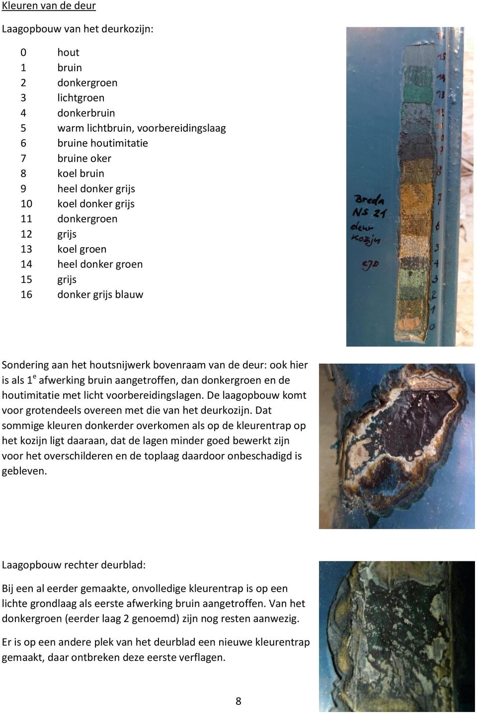 1 e afwerking bruin aangetroffen, dan donkergroen en de houtimitatie met licht voorbereidingslagen. De laagopbouw komt voor grotendeels overeen met die van het deurkozijn.