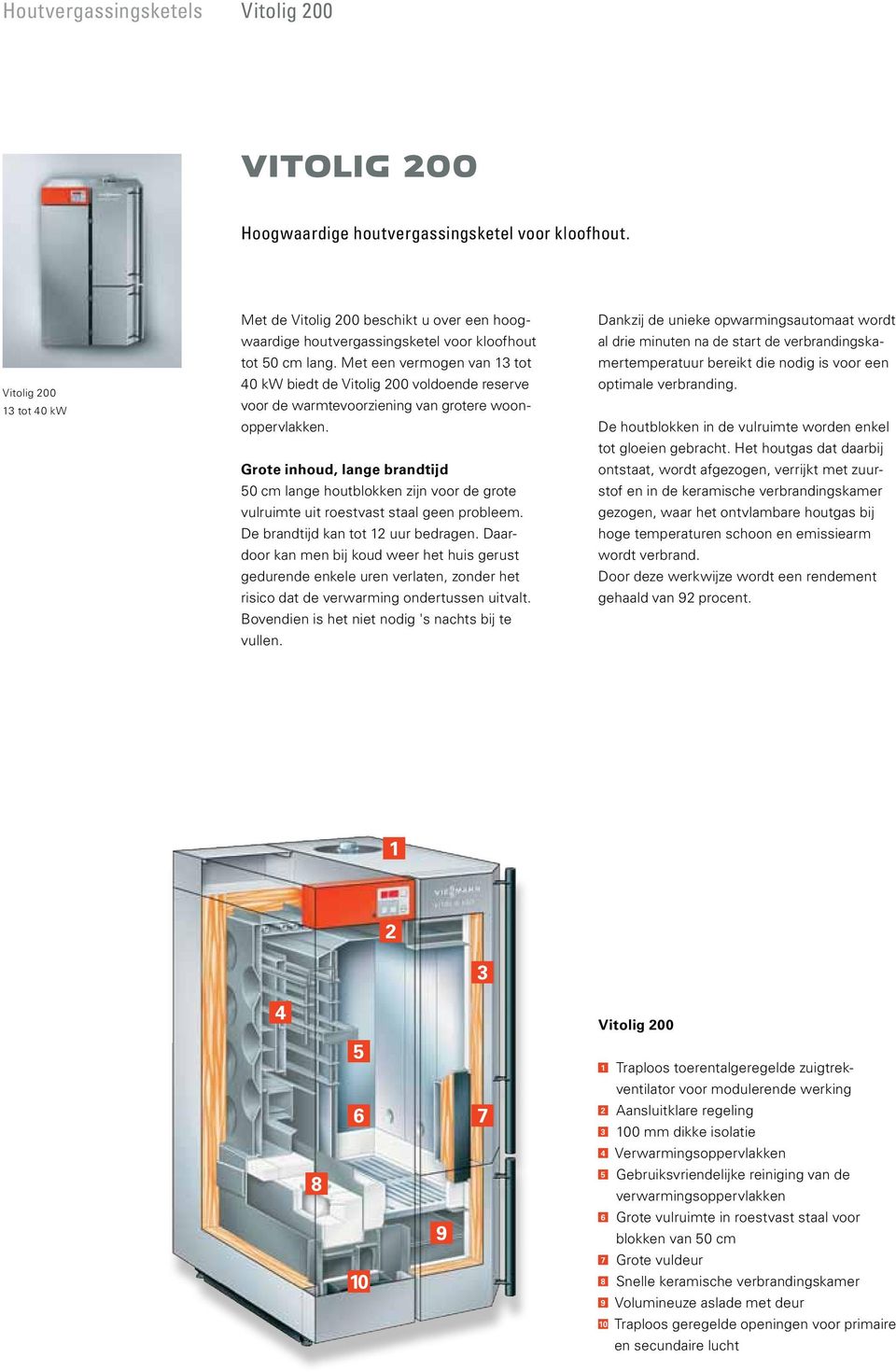 Met een vermogen van 13 tot 40 kw biedt de Vitolig 200 voldoende reserve voor de warmtevoorziening van grotere woonoppervlakken.