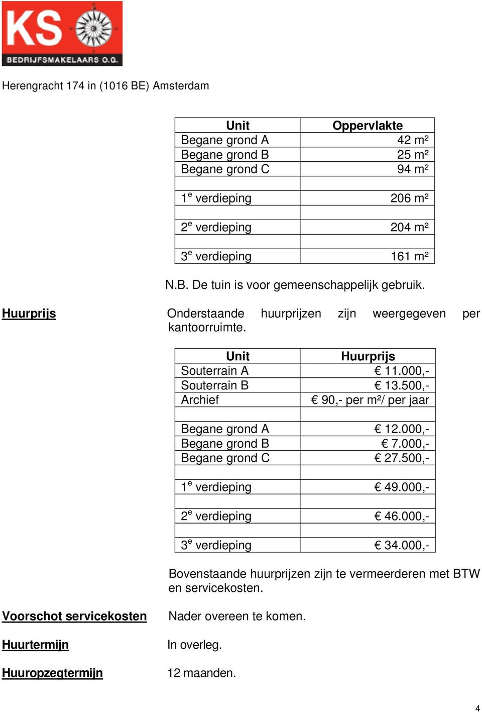 500,- Archief 90,- per m²/ per jaar Begane grond A 12.000,- Begane grond B 7.000,- Begane grond C 27.500,- 1 e verdieping 49.000,- 2 e verdieping 46.