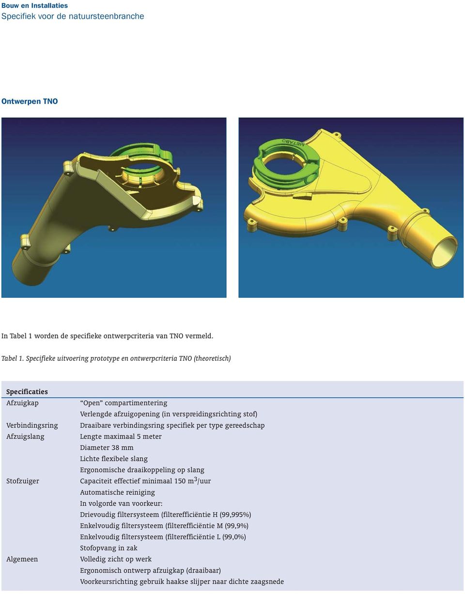 Specifieke uitvoering prototype en ontwerpcriteria TNO (theoretisch) Specificaties Afzuigkap Verbindingsring Afzuigslang Stofzuiger Algemeen Open compartimentering Verlengde afzuigopening (in