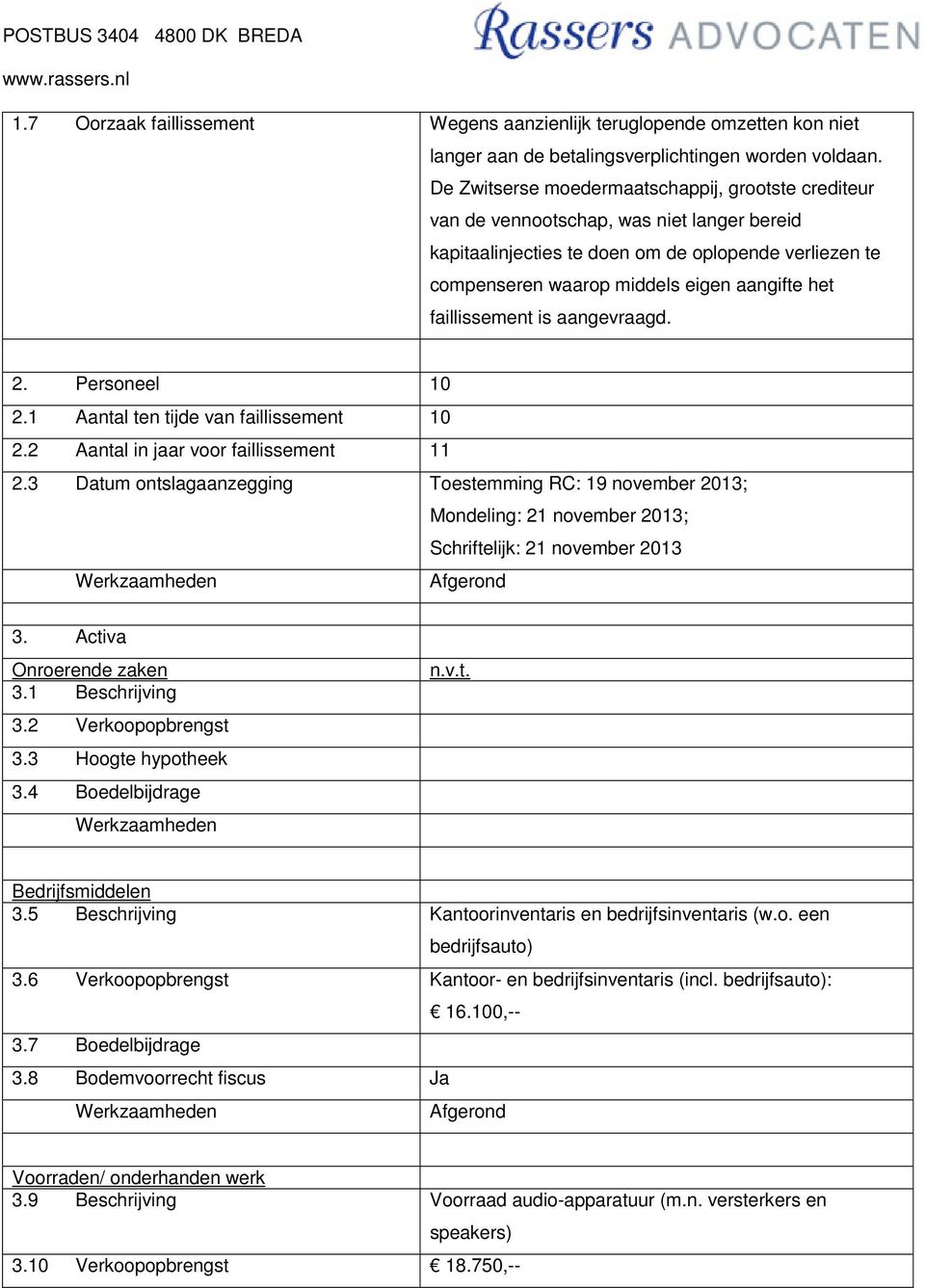 faillissement is aangevraagd. 2. Personeel 10 2.1 Aantal ten tijde van faillissement 10 2.2 Aantal in jaar voor faillissement 11 2.