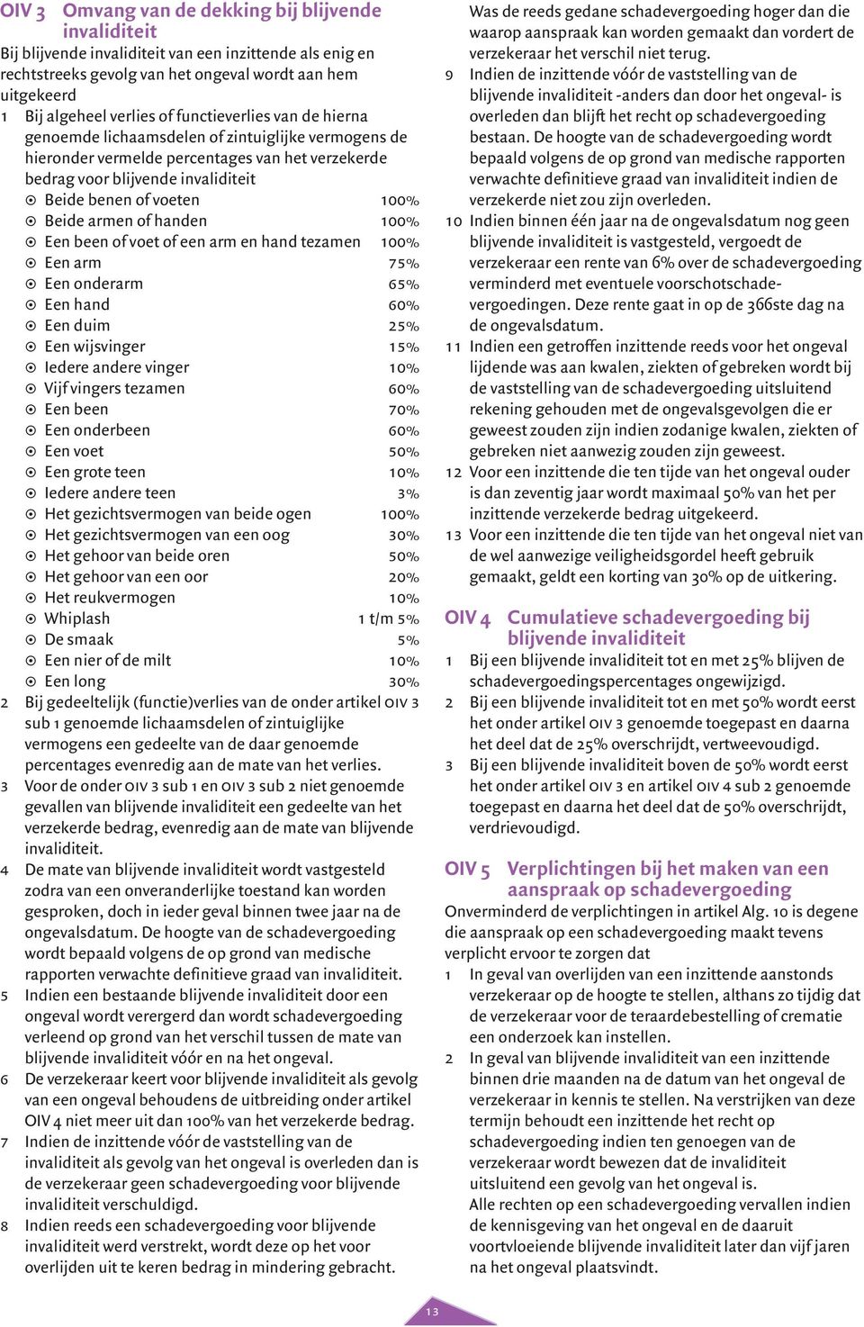 armen of handen 100% Een been of voet of een arm en hand tezamen 100% Een arm 75% Een onderarm 65% Een hand 60% Een duim 25% Een wijsvinger 15% Iedere andere vinger 10% Vijf vingers tezamen 60% Een