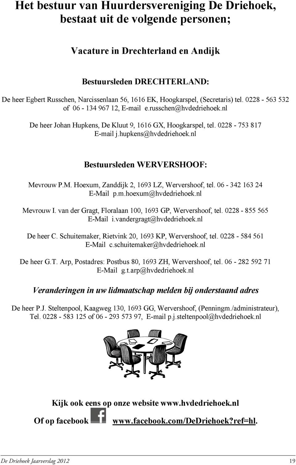 hupkens@hvdedriehoek.nl Bestuursleden WERVERSHOOF: Mevrouw P.M. Hoexum, Zanddijk 2, 1693 LZ, Wervershoof, tel. 06-342 163 24 E-Mail p.m.hoexum@hvdedriehoek.nl Mevrouw I.